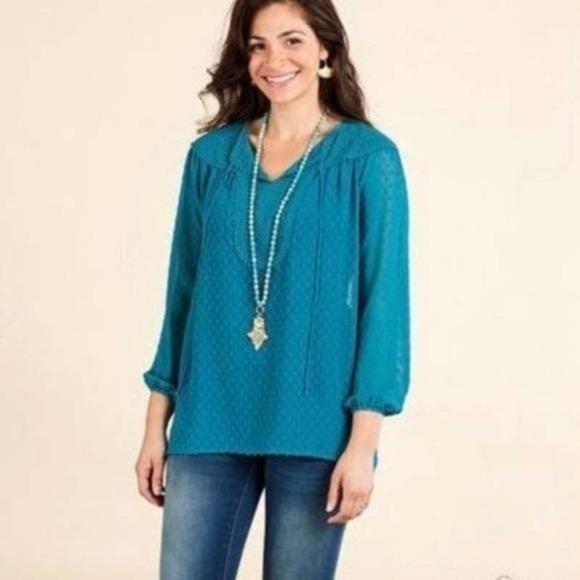 Matilda Jane Women's Charisma Swiss Dot Peasant Top Blouse Teal Size Medium - Picture 1 of 6
